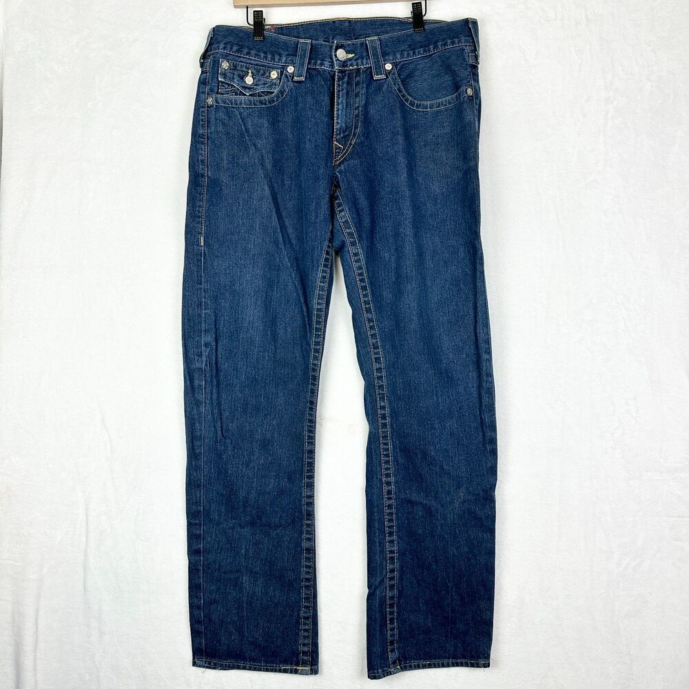 True Religion Billy Bootcut Jeans Size 36x33 Flap Pockets Big T Cotton USA Made